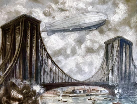 Ölgemälde mit Zeppelin über New York